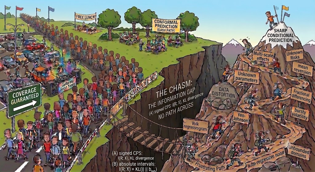 Cartoon: a crowded, easy plateau labelled Conformal Prediction (easy path) with Coverage Guaranteed signs and a Free Lunch banner, separated from a mountain labelled Sharp Conditional Prediction by a chasm labelled The Chasm: The Information Gap, no path across, bearing the signed CPS and absolute-interval identities. A rickety rope bridge labelled Volk regressogram (the cartoonist&rsquo;s spelling of Vovk) leads onto a frustrating path, and a few climbers ascend past unknown parameters, data distortion, Yeo-Johnson, fractional differencing, bursty volatility, and unbounded domains.