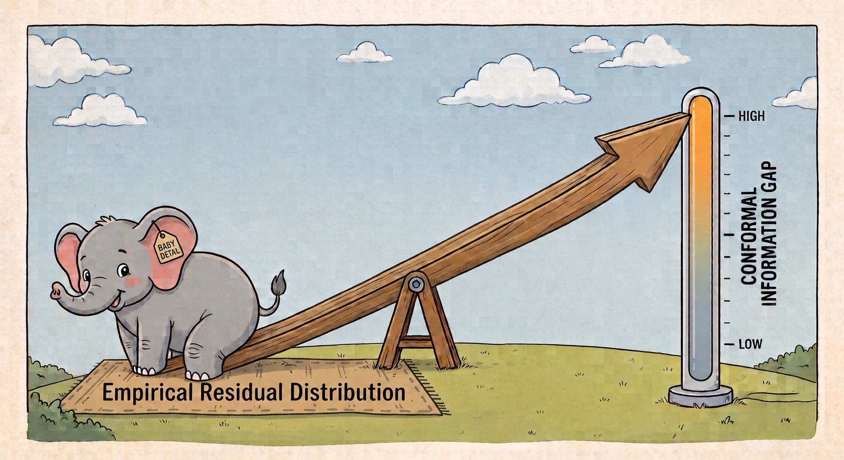 Cartoon: a baby elephant wearing a tag reading Baby Detail sits on the low end of a seesaw plank labelled Empirical Residual Distribution; the raised end is an arrow pushing a thermometer labelled Conformal Information Gap up to High.